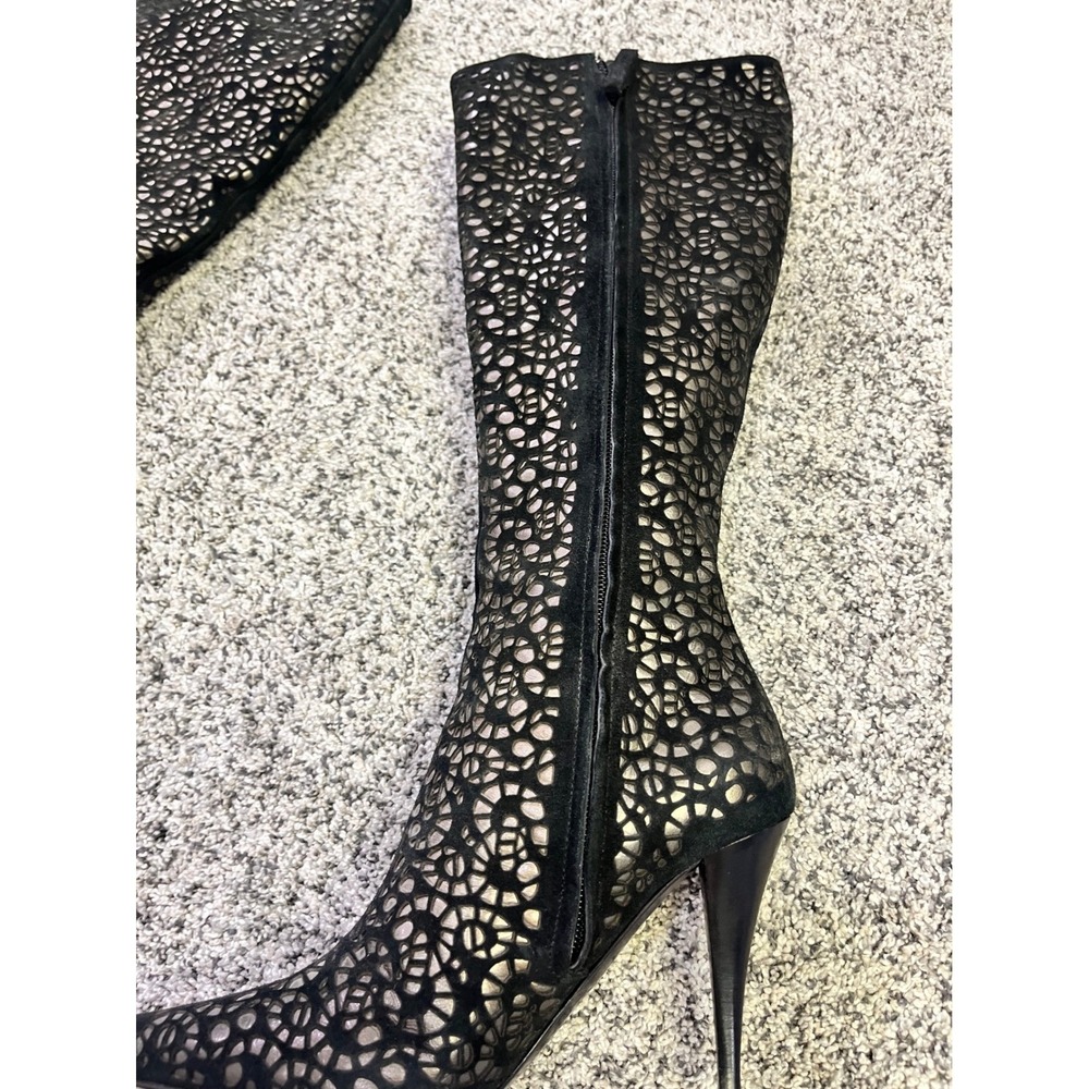St. John Black‎ Suede Laser Cut Knee High Boots Pointed Toe Stiletto Italy 7.5B - Picture 5 of 11